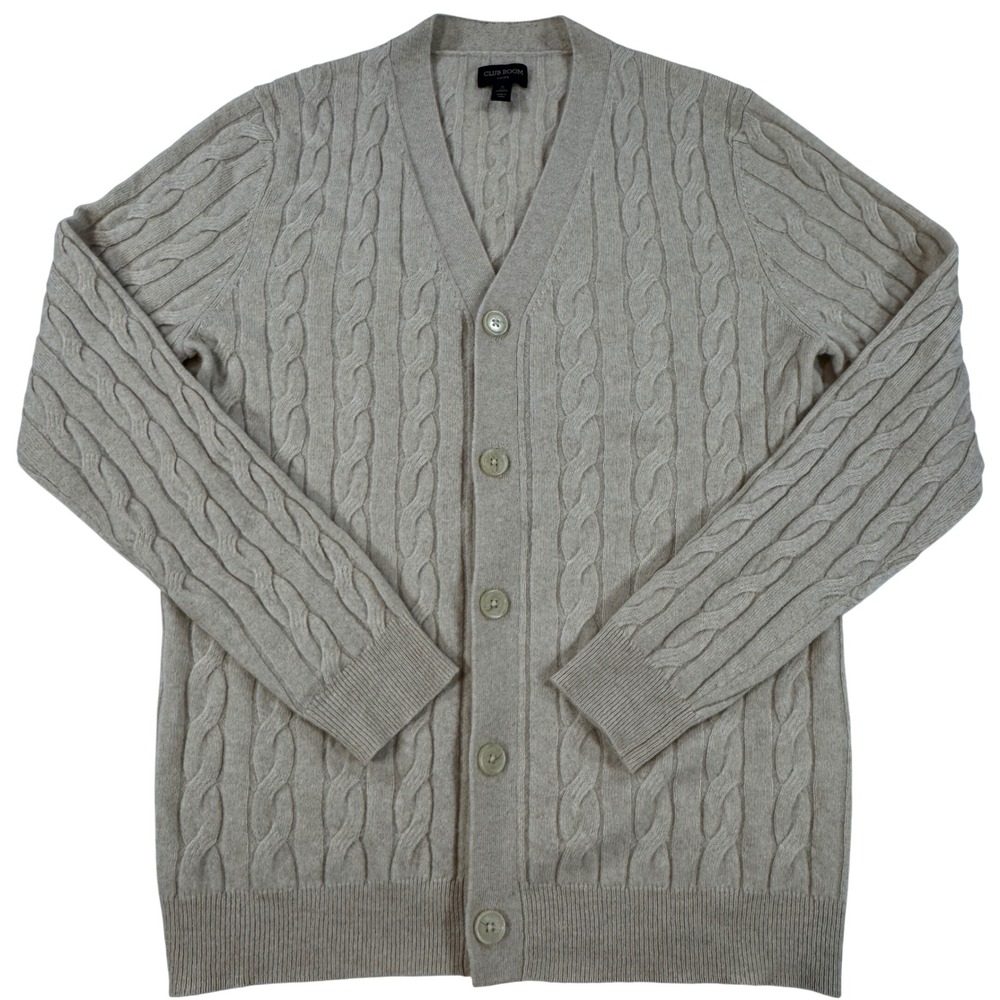 Club Room Luxury Cashmere Cable Knit Cardigan Sweater Beige Tan Men's M Preppy